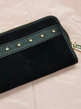 Big Buddha Black Velvet Zip Around Wallet Gold Studs Zip Closure 12 Card Slots